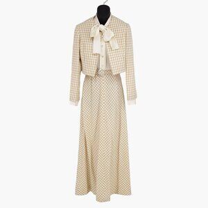 Vintage 1970s Rona Union Label Checked Maxi Dress & Jacket Set With Tie Neck & B